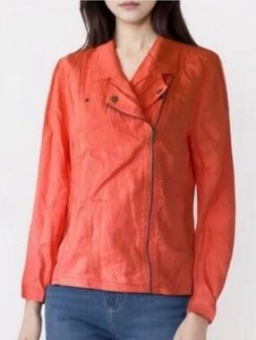 Cynthia Rowley L 100% Linen Coral Utility Moto Blazer Jacket